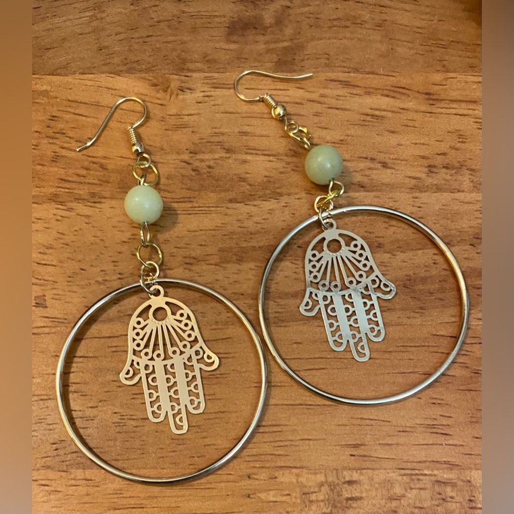 NEW Large hoop with Hamsa charm and Jade crystals earrings
